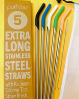 purifyou 14.5" Reusable Stainless Steel Straws with Silicone Tips – Eco-Friendly, Durable, and Travel-Ready